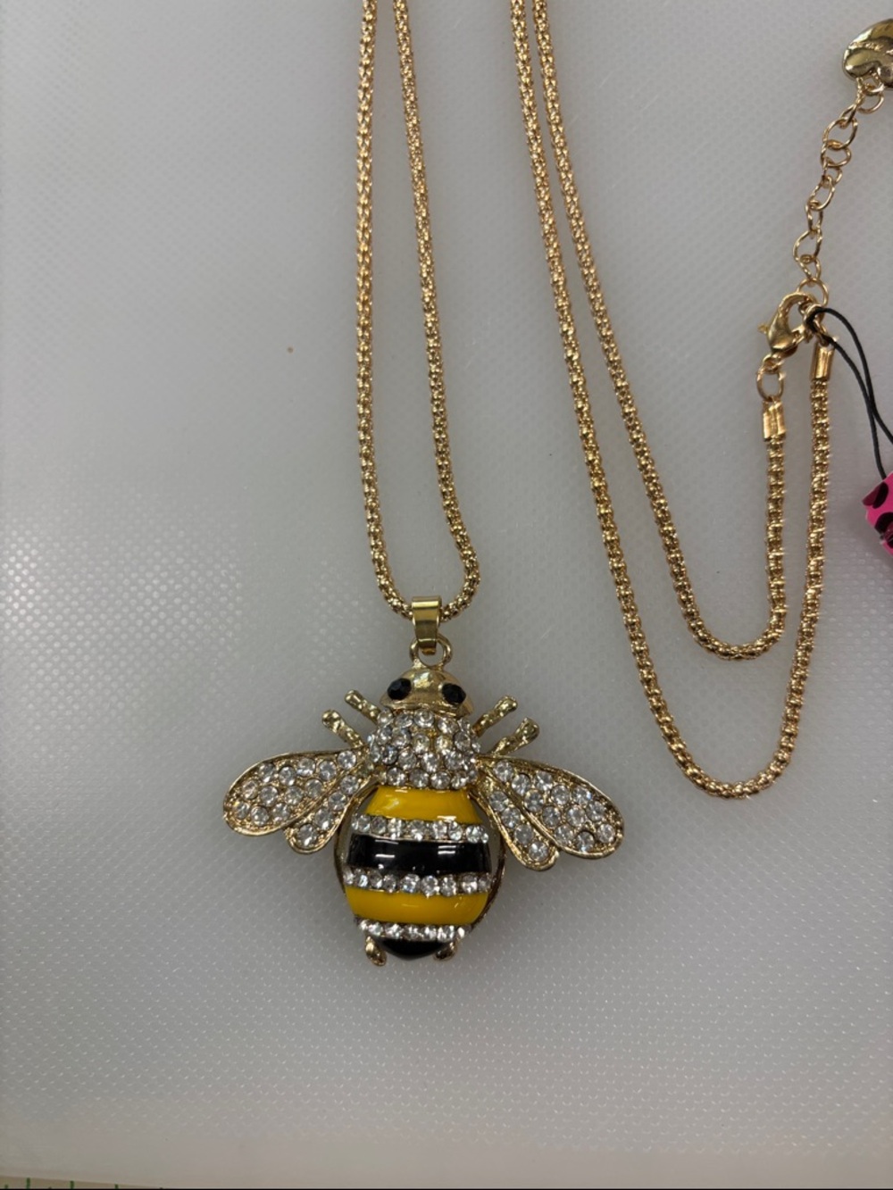 Gold-Tone Bee Pendant Necklace with Yellow and Black Enamel and Crystal Accents